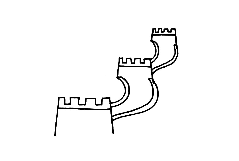 步骤3：然后，用曲线把H连接起来，城墙就画好了