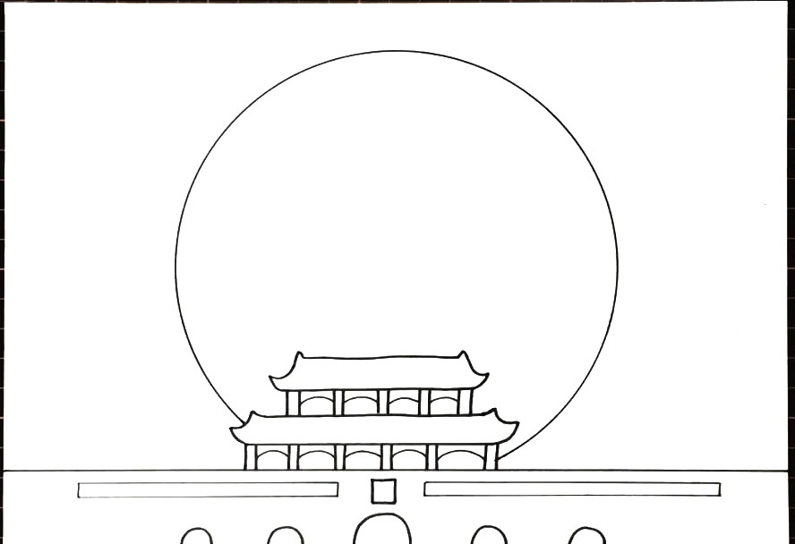 步骤2：然后用圆规在天安门背后画出一个大大的圆，作为月亮的轮廓。