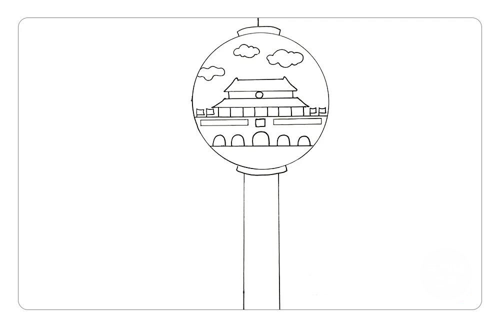 步骤6：在天安门的上方画上云朵，这样灯笼里面就画好啦。