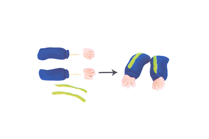 步骤6：用蓝泥、绿泥和肉色泥捏出胳膊和手，并用牙签固定在一起。