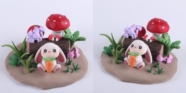 步骤7：再做出其他的装饰，各种各样的蘑菇和植物，装饰在小兔子周围的草地上，这样森林小兔就做好了。