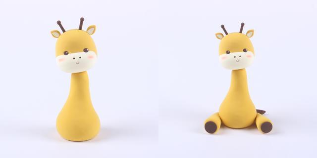 步骤3：用姜黄色粘土做出长颈鹿的身体，和头部粘在一起，如上图所示，接着做出它的两条腿。