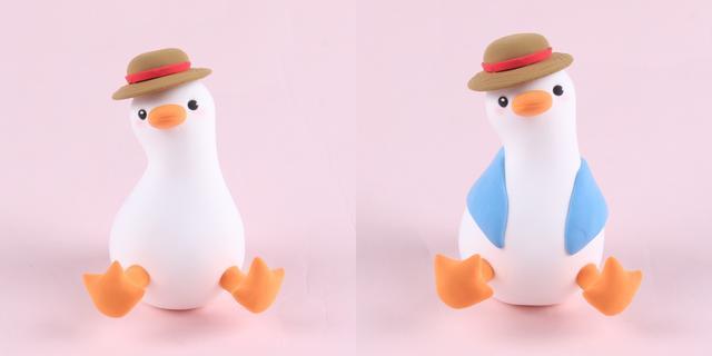 步骤3：橘黄色粘土做出复读鸭的双脚并粘好，然后黄色粘土压成薄片剪成它的衣服穿在身上。