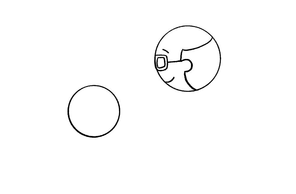 步骤3：加上眼镜和两条斜线画出眼睛和嘴巴，一个侧面的老人就画好啦。