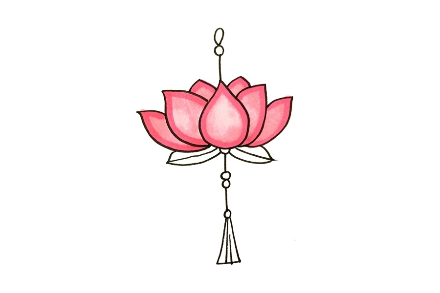 步骤4：现在开始涂色吧，先给莲花的花瓣涂上粉色，并给边缘涂深红色。