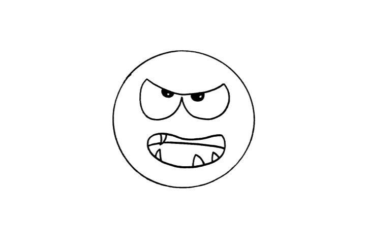 步骤2：接着在圆形中，我们画出五官，两个大大的眼睛，嘴巴张开，看起来非常可怕。