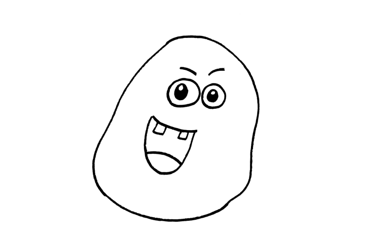 步骤2：在画好的形状中画上五官，一双圆圆的眼睛，嘴巴张开笑着。