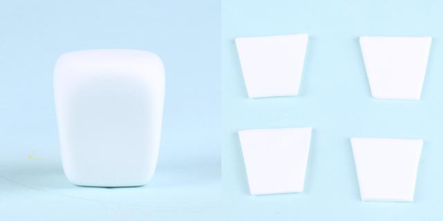 步骤1：白色粘土做一个梯形体，然后剪出四片梯形薄片。