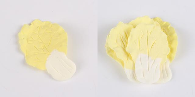 步骤6：叶子上面压出纹路，这样就更逼真了，多做几片粘到一起，这就是小白菜啦！