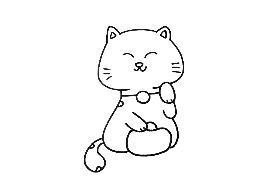 步骤6：第六步，画金元宝和尾巴，在招财猫的右手下方画上金元宝，并将尾巴和身体右侧部位补充完整。