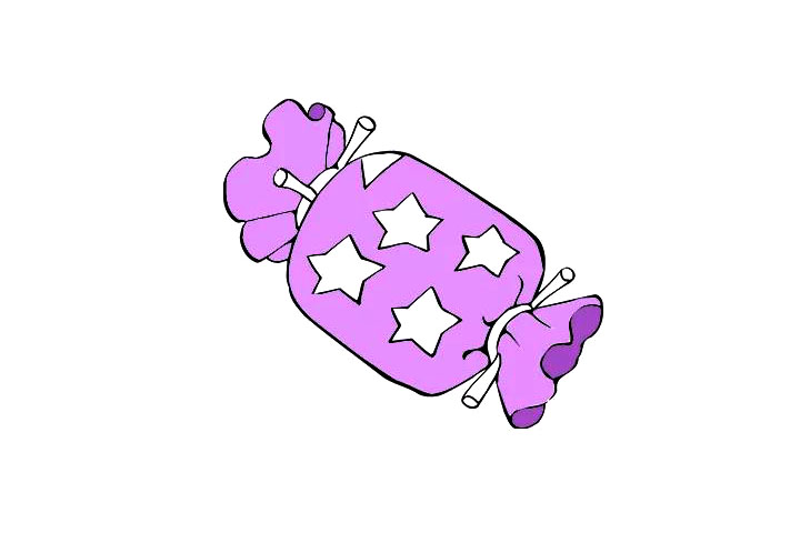 步骤6：然后开始涂色，糖纸以紫色为主体色，把糖纸上除五角星外的其他地方涂成紫色。