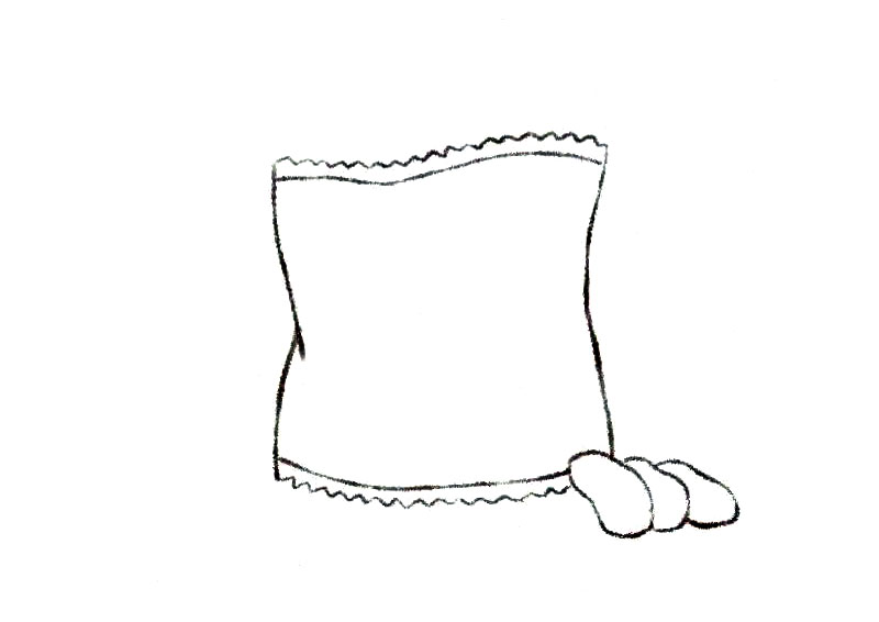 步骤2：第二步，画包装袋旁边放置的几个薯片。