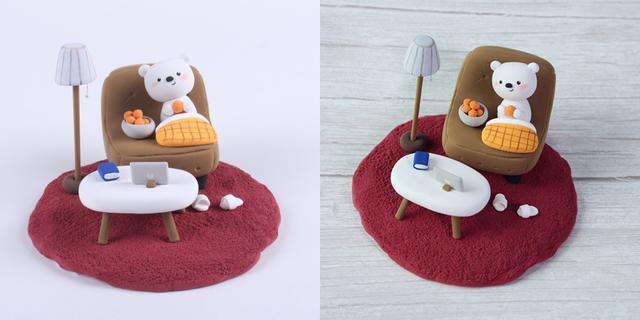 步骤7：所有物品都摆放好，沙发小熊就完成啦！是不是很现代化？