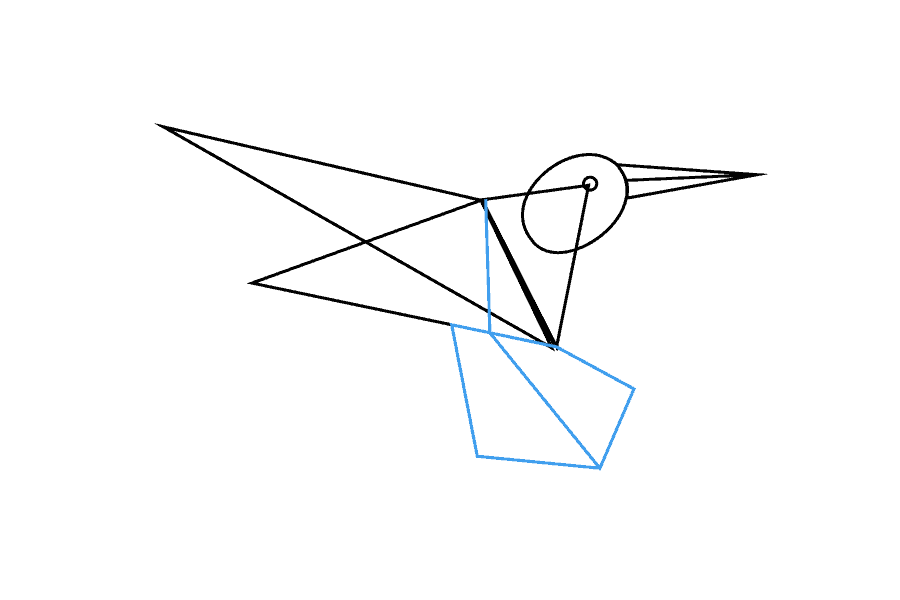 步骤5：从三个三角形相交处向下绘制一条直线。在图形的底部绘制两个不规则的矩形。