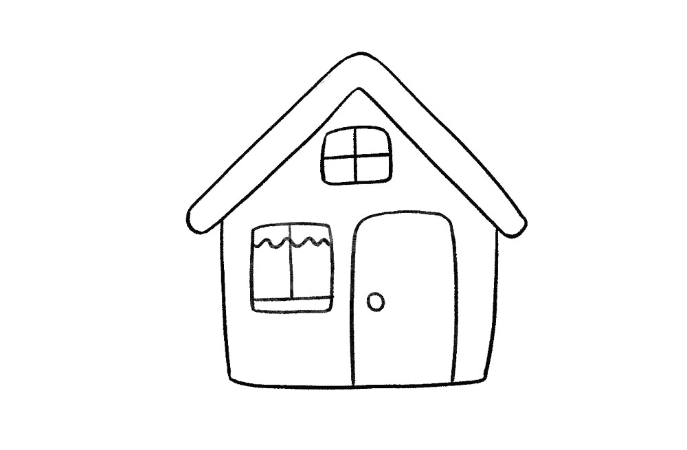 步骤5：接着，画上门和旁边的小窗，注意画出窗台和窗帘，线条的转折处要画的圆圆的，这样会更加可爱哦。