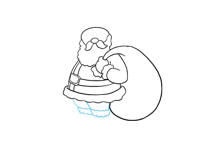 步骤13：从图的底部绘制三条短的曲线，勾勒出腿部的轮廓。使用扇形线连接线。用扇形线围住每条腿的袖口。