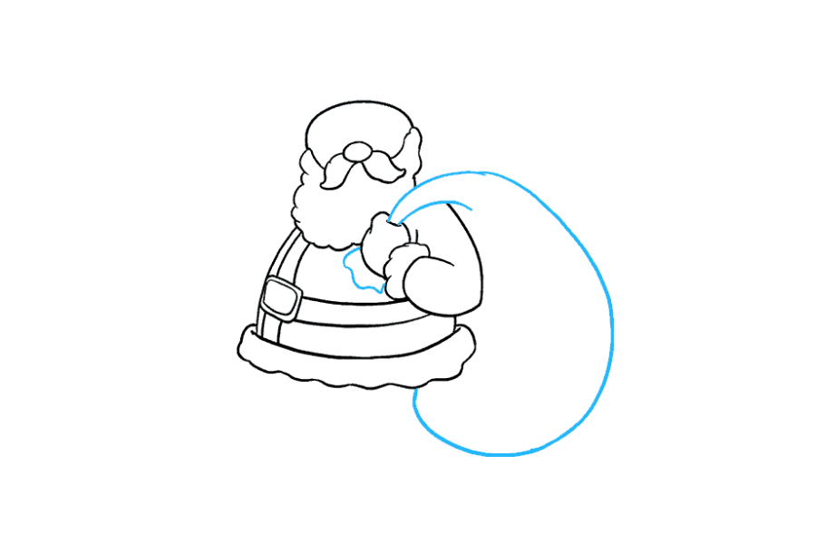 步骤12：画圣诞老人的玩具袋。在他的手下方画一条波浪线以指示麻袋的打开。从他的手伸出一条长长的弯曲线，在他的肩膀上打圈，并在图的底部结束。画一条从手到肩膀延伸的较短曲线。
