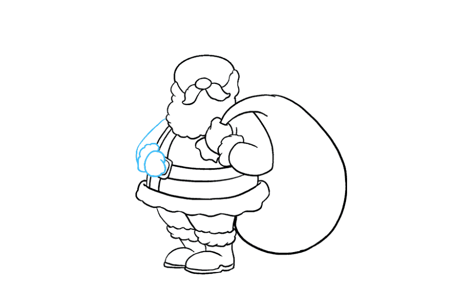 步骤15：通过从肩膀延伸一条长长的曲线来画圣诞老人的另一只手臂。围上不规则的圆圈以指示手，并使用扇形线形成袖带。