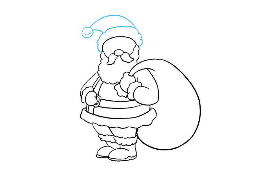 步骤17：画一个圆圈，在帽子的末端形成浮肿的球。用一些短而弯曲的线对其进行细化。使用两条长长的弯曲线将其连接到帽子的边缘。