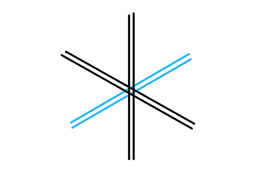步骤3：绘制第三组长的，平行的平行线，在其他线相交的同一点处相交。现在，您的雪花将有六条直线，所有直线均等分布。