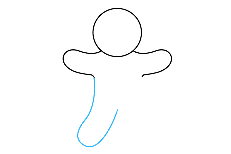 步骤4：在一只手臂下，画一条长而弯曲的线。这将形成姜饼人的腿。