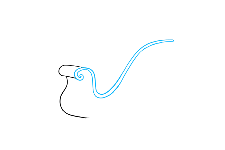 步骤2：绘制一对狭窄的弯曲平行线。注意线是如何形成螺旋形的，并包围着雪橇的前部。它们还勾勒出雪橇侧面的曲率。