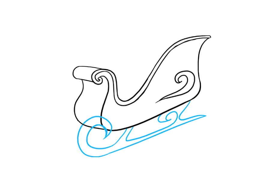 步骤5：在雪橇下方画一条直线；在雪橇的前部，将线卷曲成螺旋形，与雪橇的前部重叠。在螺旋中画出另一条曲线，指向一端，并在底部连接到雪橇的底部。使用曲线将流道附加到雪橇的背面和中间。