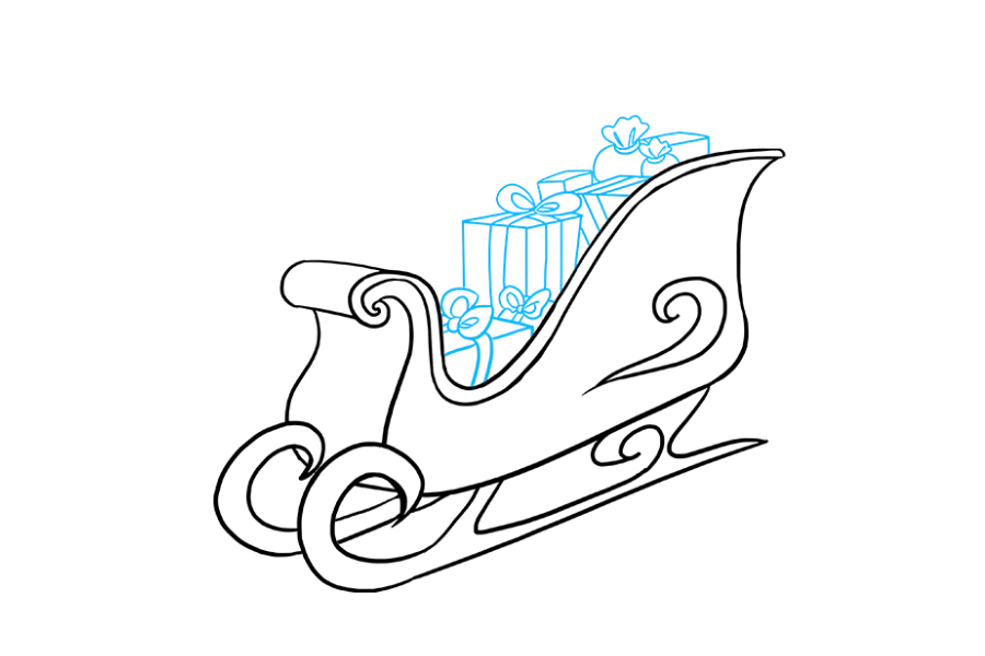 步骤8：使用直线绘制许多重叠的矩形，正方形和立方体。这些将成为摆在雪橇上的礼物。然后，在盒子上绘制成对的线以形成丝带。使用曲线在每个礼物的顶部绘制蝴蝶结。