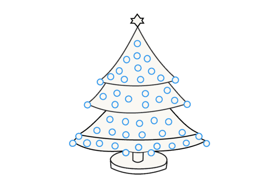 步骤17：要形成装饰品或灯光，请在树上绘制小圆圈。如果圆与现有线相交，请从圆内擦除该线。