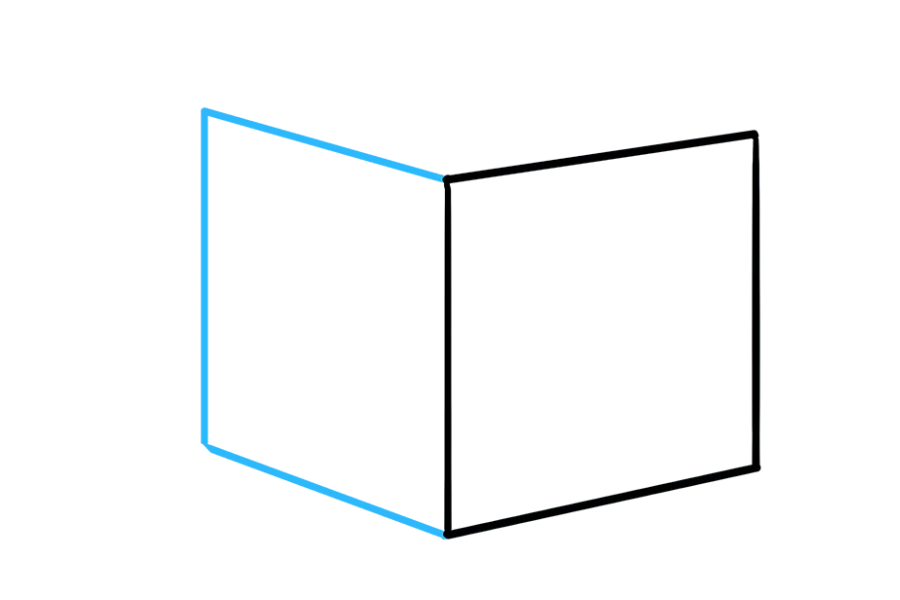 步骤2：从第一个正方形的顶部和底部开始，在对角线上延伸一组平行线。然后，使用直线连接它们。这形成了盒子的另一面。