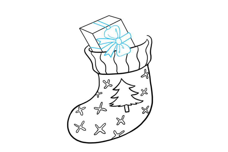 步骤7：在包装上画一个小圆圈，并用曲线将蝴蝶结封在包装的任一侧。绘制成对的曲线以形成色带，最后形成“ V”形线。最后，使用成对的直线绘制围绕包装的色带。必要时删除指导线。