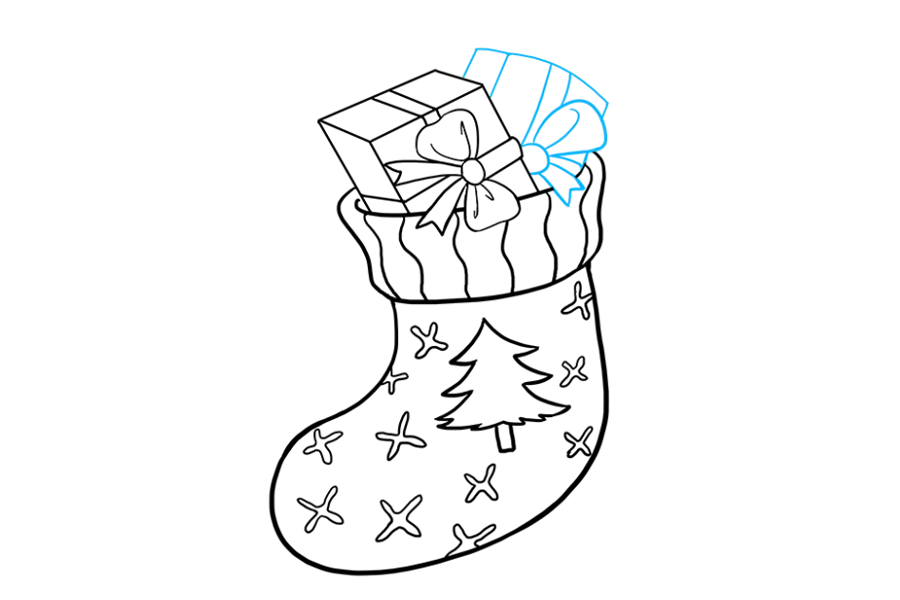 步骤8：抽出第二个包装。使用稍微弯曲的线条勾勒出其矩形形状。然后，使用小圆圈，曲线和“ V”形线绘制丝带和弓形。