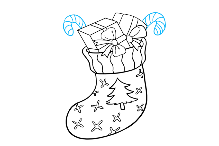 步骤9：从包装盒的后面延伸曲线，然后将它们加倍，使其自身闭合成“ J”形。用曲线将每个形状绑起来，形成拐杖糖。