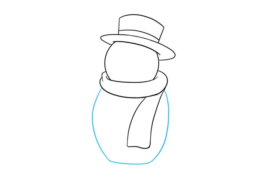 步骤7：从围巾向下画两条长曲线。用稍微弯曲的线将它们连接在底部。这形成了雪人的身体。