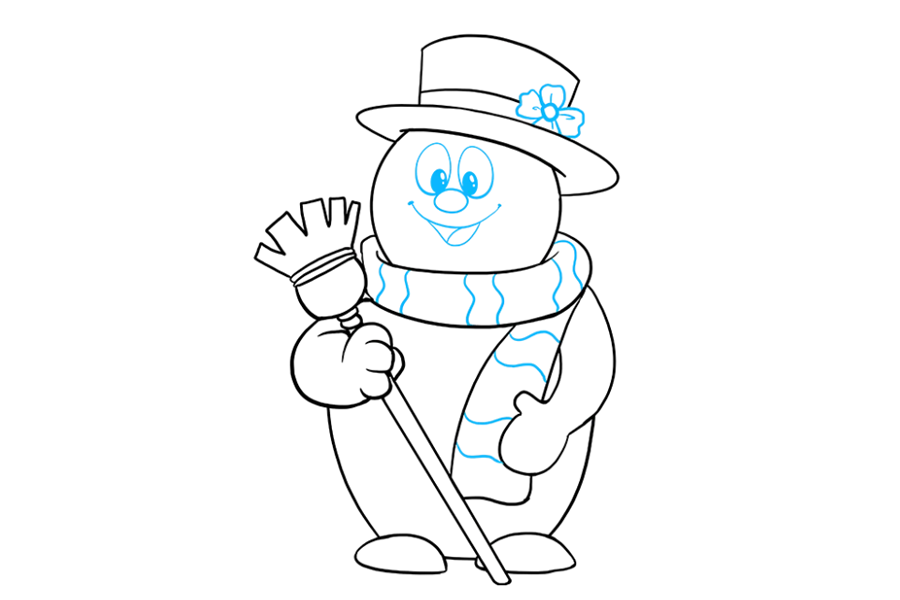 步骤9：在工程图中添加细节。在帽子上画一朵花，中间用小圆圈和弧形线围住花瓣。必要时删除准则。用波浪线装饰围巾，画出雪人的脸。使用“ U”形线条形成微笑的嘴巴，并使用椭圆形代表眼睛和鼻子。