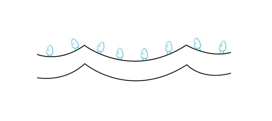 步骤2：在上部金属丝的顶部围上小形状，每个形状像一个圆角矩形。然后，使用曲线将水滴形包围在每个矩形上方。这些形成了第一个灯泡。将每个灯泡内的小椭圆形包围起来以代表玻璃的光泽。
