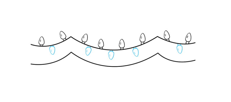 步骤3：沿最上面的电线的底部围成小的矩形形状。然后，将上下颠倒的水滴形状围住。最后，在每个灯泡内围上一个小椭圆形。