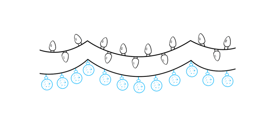 步骤4：从第二根导线上画出许多短线。在每个圆圈下方围上一个小圆圈，然后是一个更大的圆圈。用小点装饰每个装饰品。