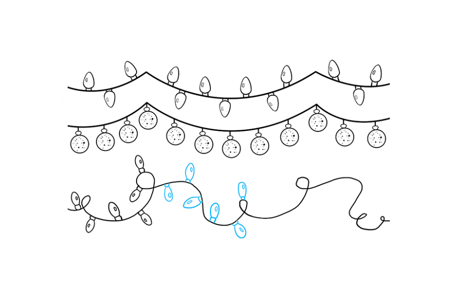 步骤7：继续沿线束拉制灯泡，首先围成一个小圆形的矩形，然后是一个尖的椭圆形。别忘了在每个灯泡内画一个小椭圆形以表示其光泽。