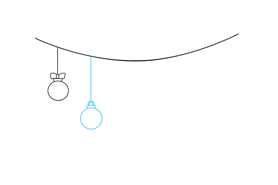 步骤3：从字符串向下再画一条直线。绘制一组平行的，上下颠倒的“ U”形线，并将其与曲线连接。从这条线的两端向下延伸两条短线，然后画一个完美的圆将它们连接起来。这样就完成了您的第二个装饰。