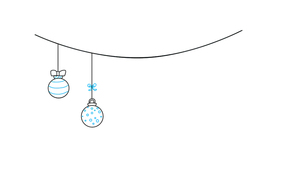 步骤4：装饰您的装饰品。用曲线绑扎一个，用圆点标记另一个。使用曲线勾勒出装饰物上方的蝴蝶结。