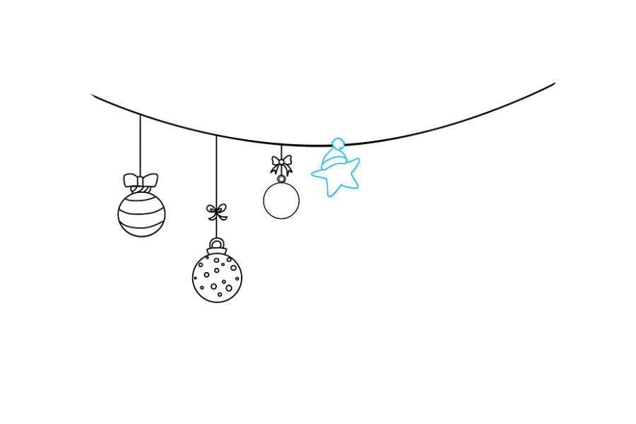 步骤6：在弦上画一个小圆圈，必要时删除准线。在圆形下方，使用曲线绘制五点星形。用两条曲线绑住最高点的底部，以营造圣诞老人帽的外观。