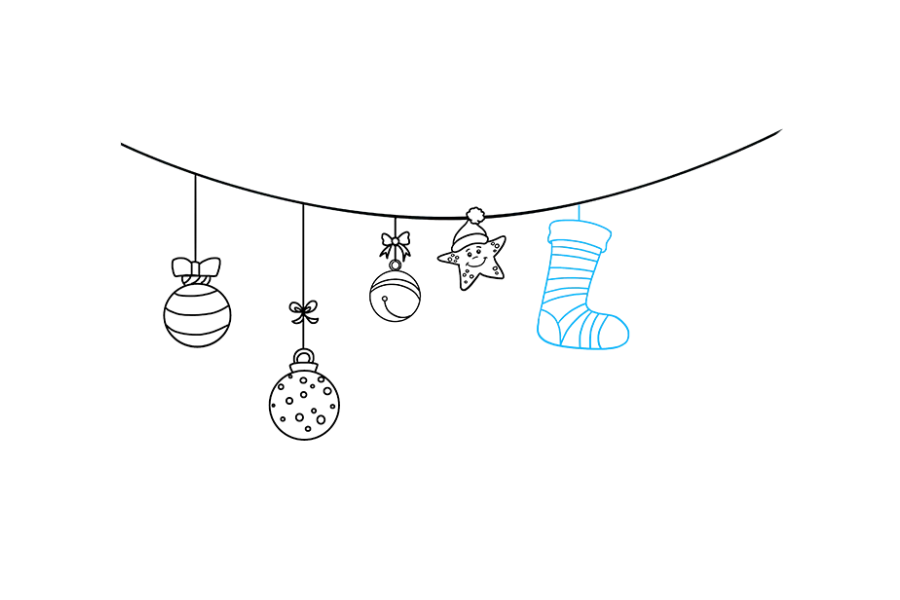 步骤8：从弦向下延伸一条直线。使用曲线将圆形的“ L”形围起来，形成长袜。使用曲线绑扎长袜的顶部，脚趾和脚跟。然后，使用其他曲线形成条纹。