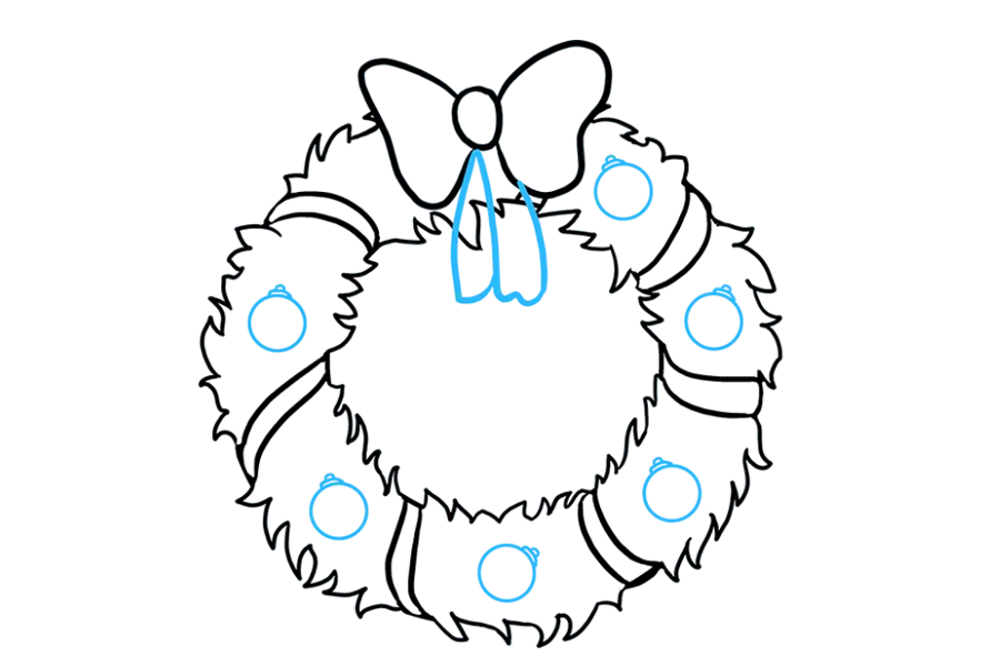 步骤8：画从蝴蝶结上晃来晃去的两条丝带。对于每个，使用一条长的曲线。将线重新加倍。然后，在丝带缠绕的丝带的每个部分之间绘制装饰品。用圆圈开始每个装饰品。然后，使用短曲线将一个小的圆形，矩形包围在圆顶上。使用最终曲线将圆形包围在小矩形上方。请注意，在每个部分中，装饰的顶部都面向不同的方向。