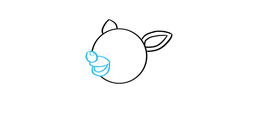 步骤4：画鲁道夫的嘴和鼻子。首先画一个椭圆，里面有一个较小的椭圆，以形成闪亮的鼻子。在其下面围住两个不规则的圆形，形成口鼻部。画另一条平行于口鼻底部的曲线，详细绘画张开嘴巴。