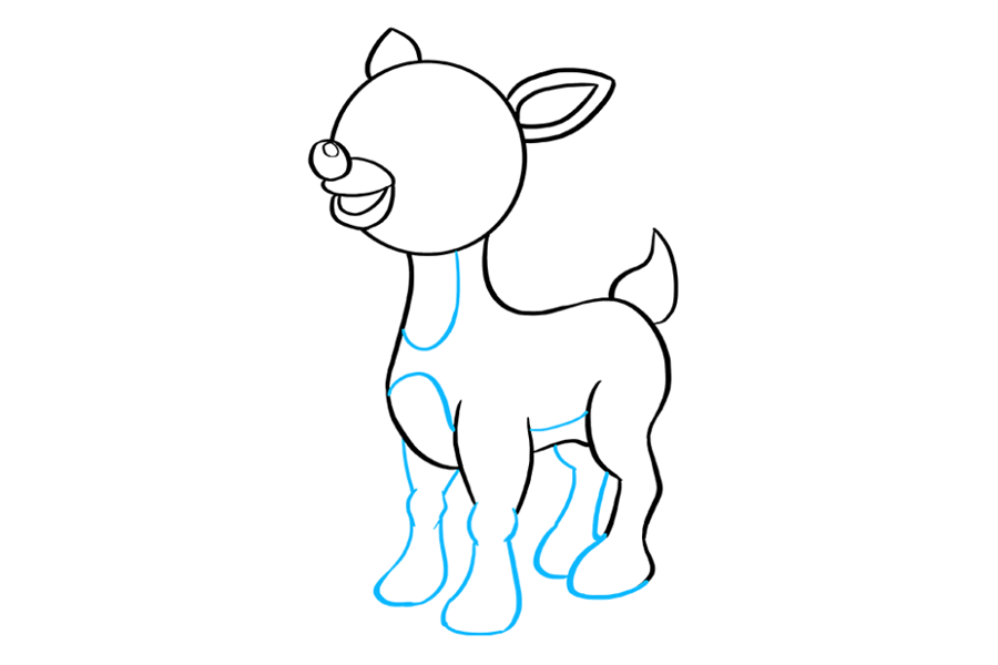 步骤8：用曲线围住鲁道夫的脚和小腿。注意前腿膝盖的圆形形状。然后，使用颈部下方，胸部，前后腿之间的曲线细化腹部。