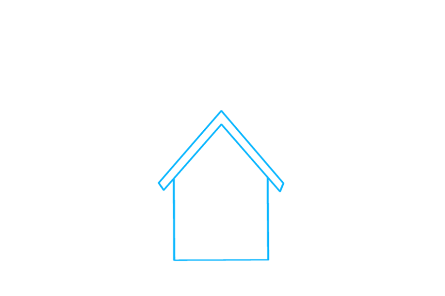 步骤1：首先绘制三条直线，就像绘制一个不完整的正方形一样。这形成了教堂的前部。然后，在形状的顶部绘制一条倒置的“ V”形线以形成屋顶。接下来，画一条平行于第一条的“ V”形线。使用短而直线连接它们。