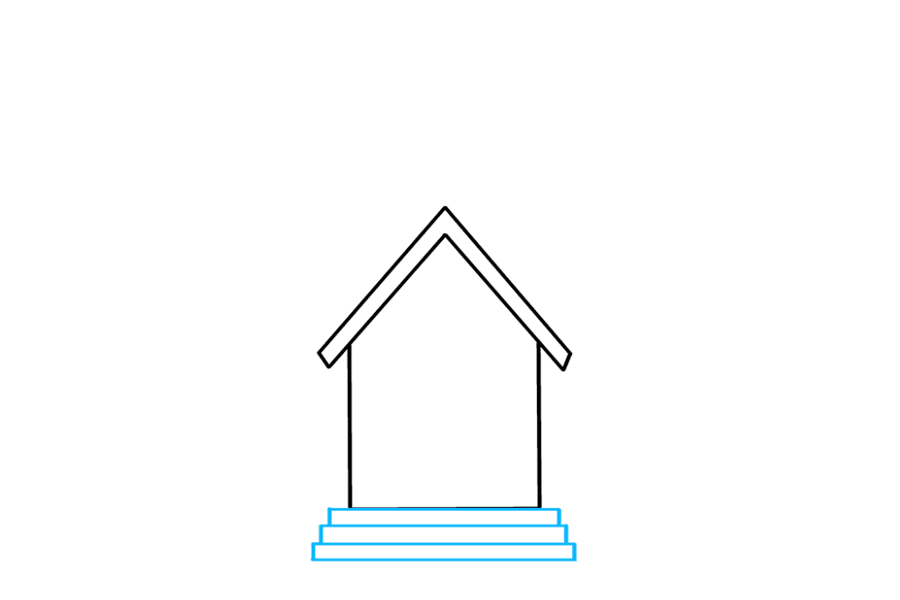步骤2：绘制教堂台阶。在建筑物的底部绘制三个狭窄的矩形，每个矩形比其上方的矩形长一些。