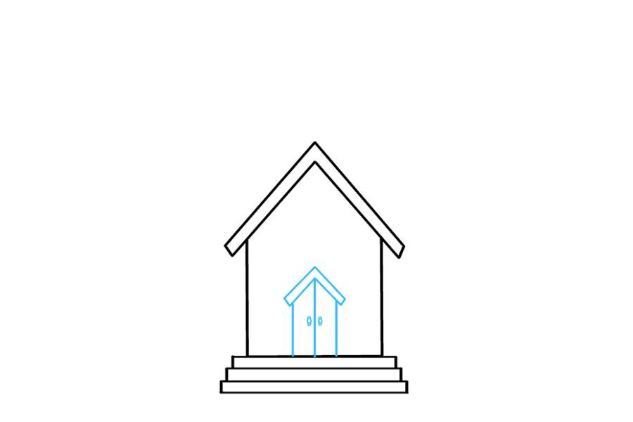 步骤3：在步骤顶部绘制三条垂直的直线。中心线应比其余部分高。这将形成教堂的门。使用反向的“ V”形线连接顶部的线。在第一个上方绘制另一条“ V”形线，并使用短直线连接它们。在中心线的中心绘制两个小椭圆形，以指示门把手。