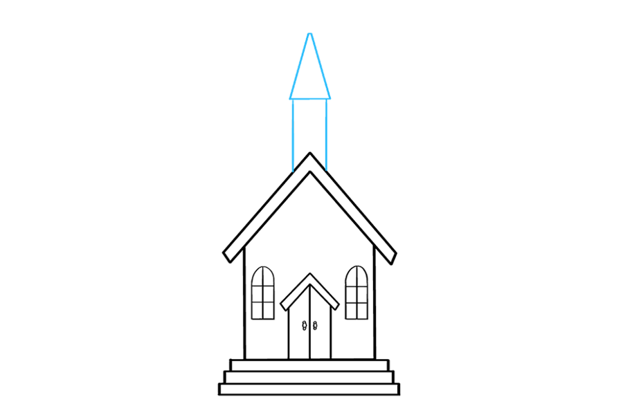 步骤5：绘制教堂的尖顶。使用三条直线将矩形形状包围在建筑物顶部。然后，在顶部绘制一个三角形。